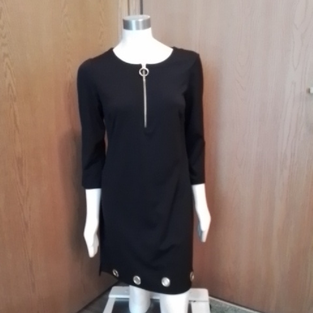 Prelude Black Dress, 3/4 Sleeve with Gold Grommets & Zipper, Size M.